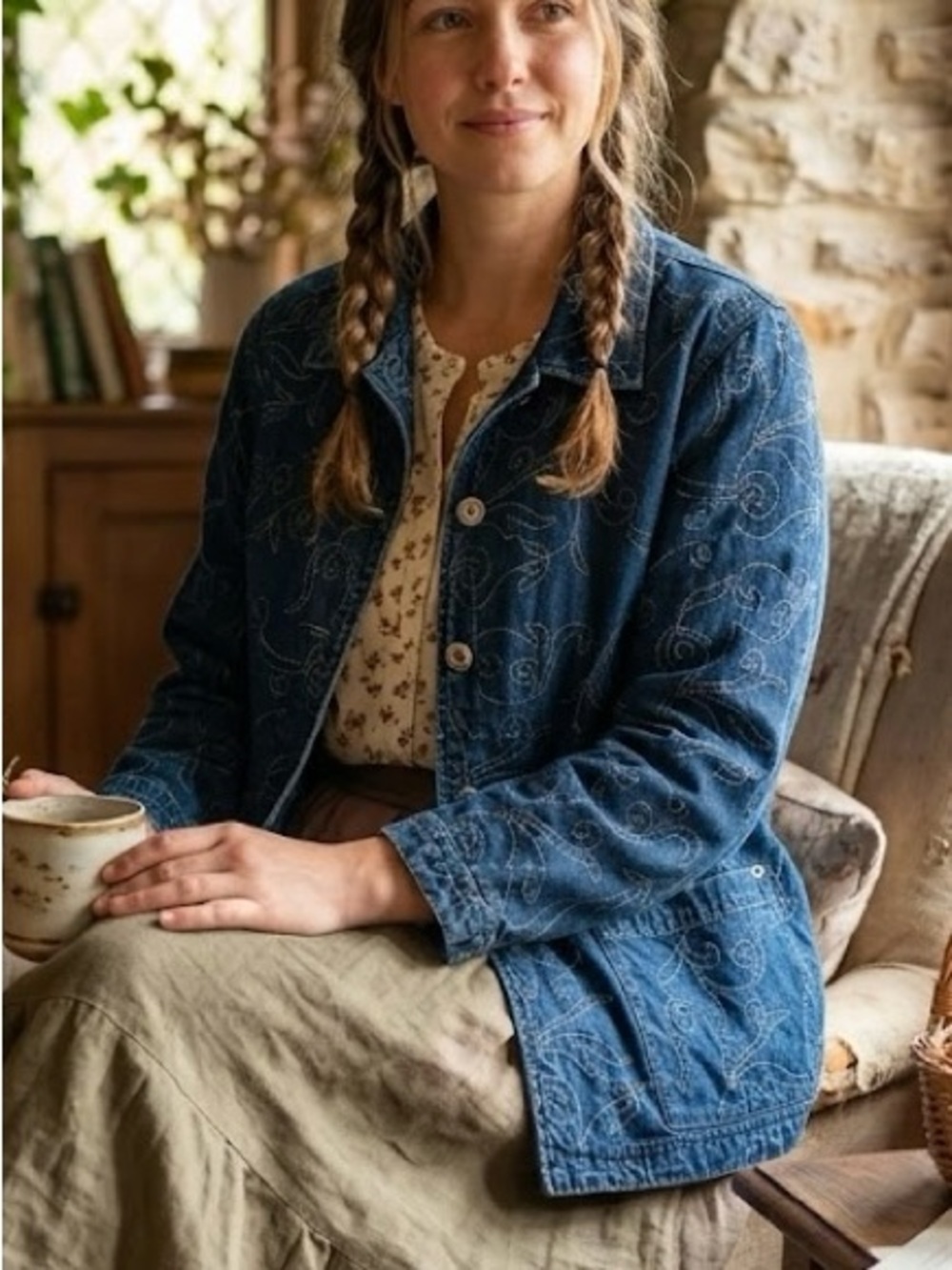 Tabi International Embroidered Blue Cotton Denim Chore Barn Coat Jacket - Medium